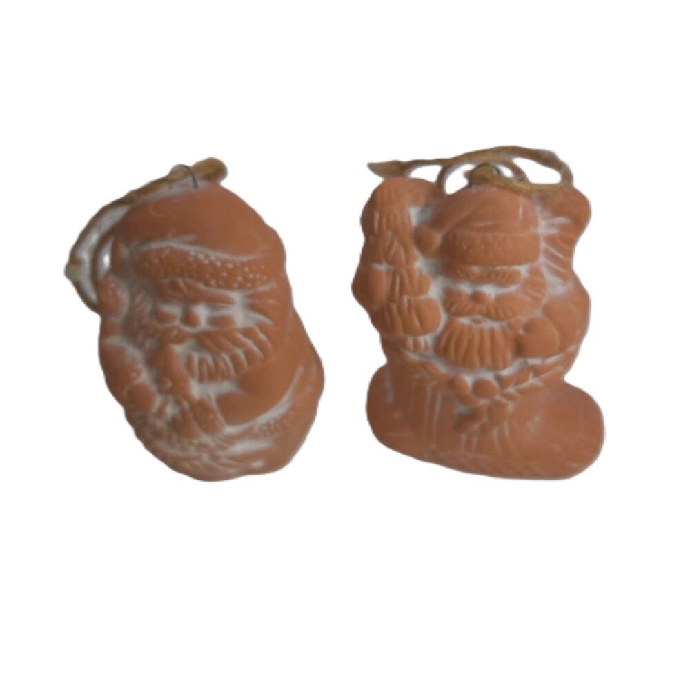 Pier 1 Terracotta Santa Claus Christmas Ornaments Set of 2